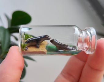 two cute sea lions in a glass-bottle / unique miniature figure/ handmade artwork