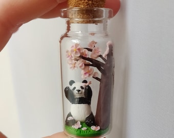 small panda under a cherryblossom tree in glass-bottle / unique miniature figure/ handmade artwork