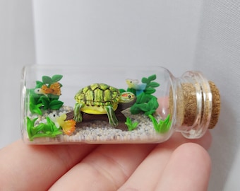 red-eared slider aquarium in glass-bottle / unique miniature figure/ handmade artwork