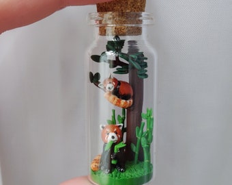 two cute red pandas in glass-bottle / unique miniature figure/ handmade artwork