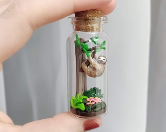 cute sloth on a tree in glass-bottle / unique miniature figure/ handmade artwork