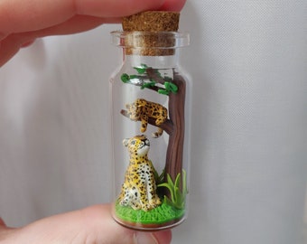 leopard with baby in glass-bottle / unique miniature figure/ handmade artwork