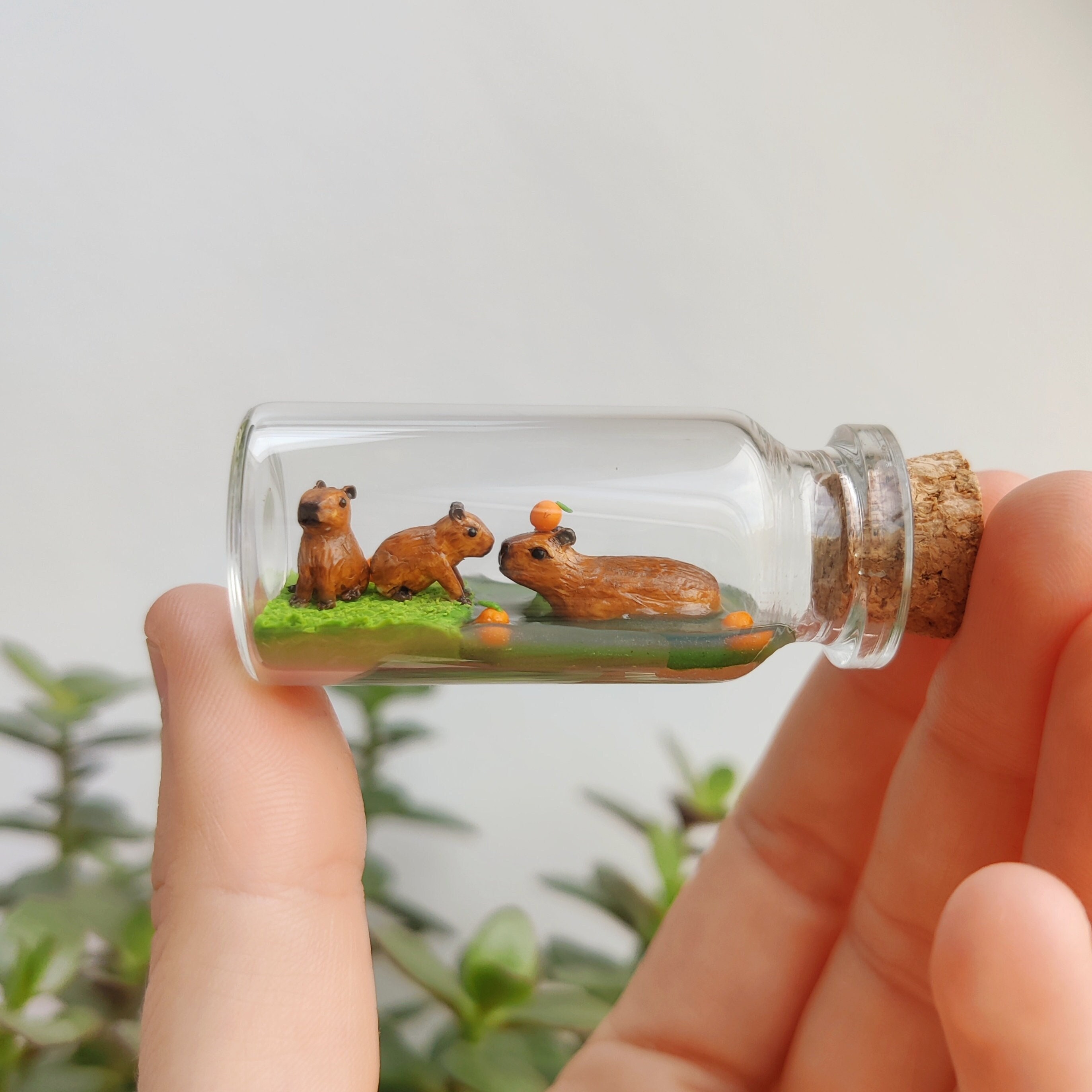 Capybara with little baby in a glass-bottle / unique miniature figure szene/ handmade artwork / diorama