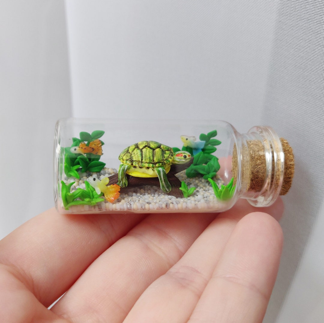 Image showcasing Red-eared Slider Aquarium in Glass-bottle / Unique Miniature Figure ...