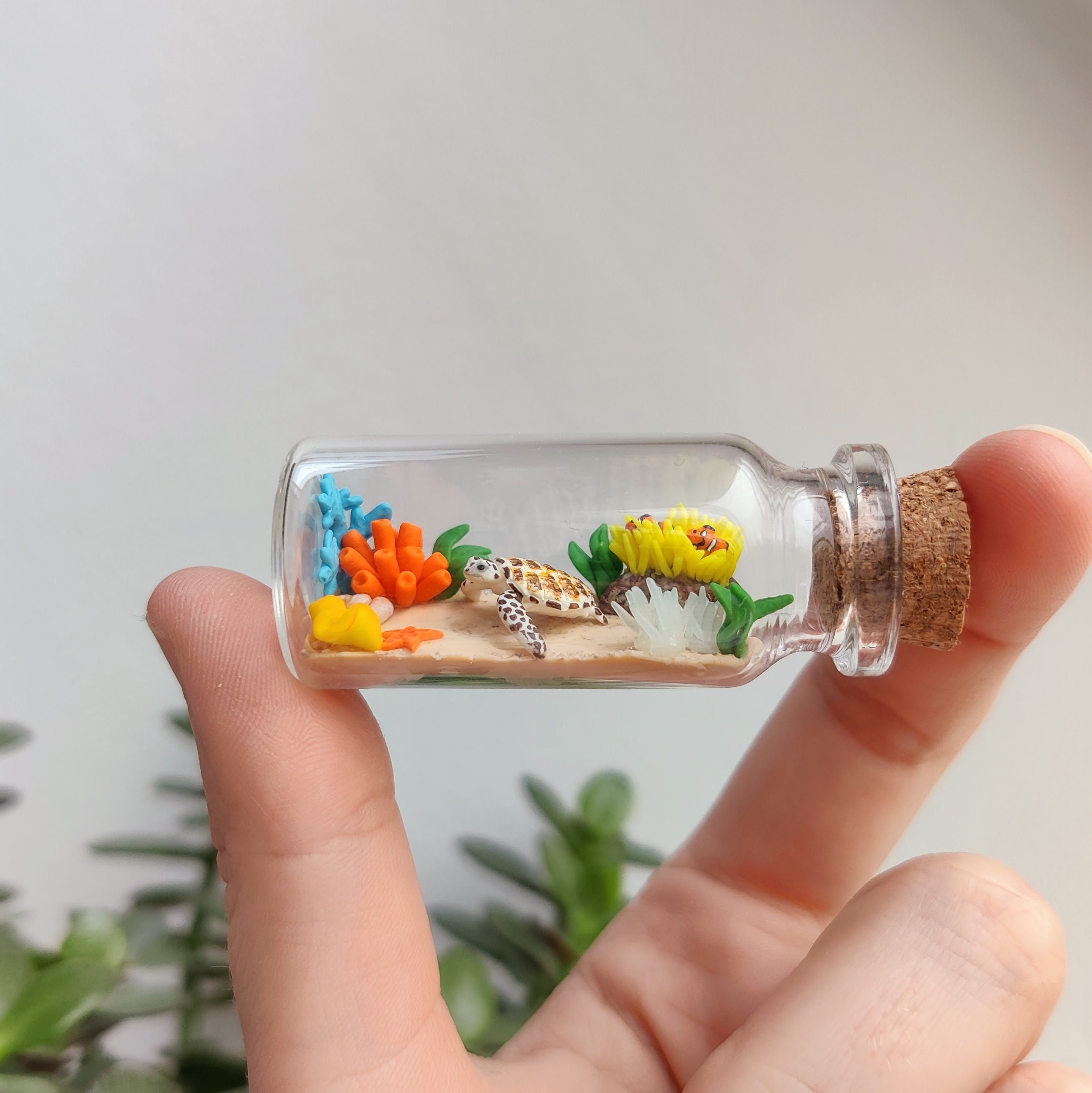 sea turtle at a coral reef in a glass-bottle / unique miniature figure/ handmade artwork