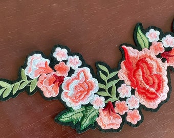 Floral Appliqué Iron On Transfer Embroidered Red Pink Burgundy Coral White Color Flowers with Green Leaves
