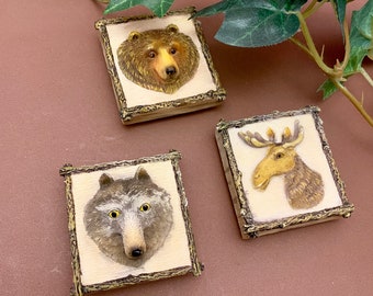 3 Square Magnets Cabin Woods Animals Moose Bear Coyote Wolf