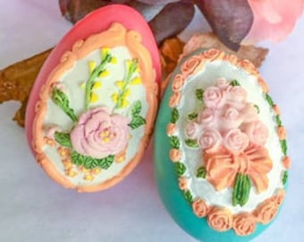 2 Decorative Eggs Flowers Bows Teal Dark Pink