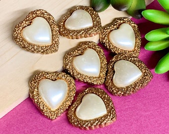 7 Heart Faux Pearl Buttons  Gold Colored Accents 1 1/4" x 1 1/4"