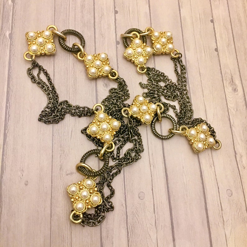 Multi Strand Necklace Faux Pearls Gold and Gray Colored Metal Long Chains