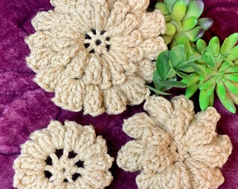 3 Crochet Flowers Beige Tan Color