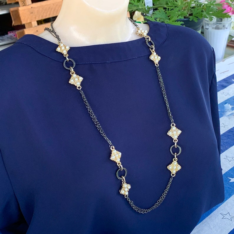 Multi Strand Necklace Faux Pearls Gold and Gray Colored Metal Long Chains