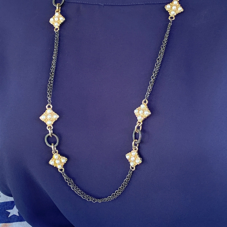 Multi Strand Necklace Faux Pearls Gold and Gray Colored Metal Long Chains