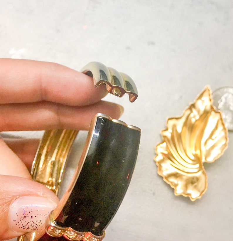Pierced Ears Gold Colored Accents Vintage Jewelry Set Small Clear Round Stones Bling Black Enamel Hinge Cuff Bracelet and Earrings