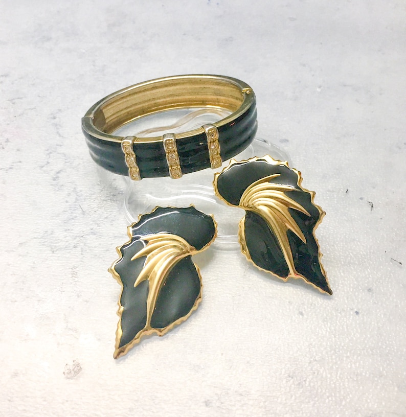 Pierced Ears Gold Colored Accents Vintage Jewelry Set Small Clear Round Stones Bling Black Enamel Hinge Cuff Bracelet and Earrings