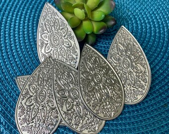 6 Thin Metal Pendants Teardrop Shaped Embossed