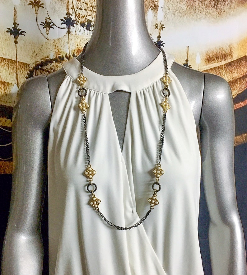 Multi Strand Necklace Faux Pearls Gold and Gray Colored Metal Long Chains