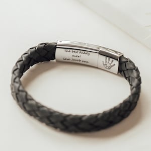 Personalised Men&#39;s Leather Secret Message Bracelet Engraved with Hand Foot or Paw Print