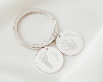 Personalised Silver Hand Print and Foot Print Circle Charm Keyring