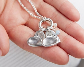 Personalised Silver Fingerprint Cluster Heart Charm Ring Necklace with Birthstone