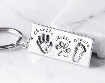 Solid Silver Multi Hand Foot and/or Paw Print Stamped Keyring.