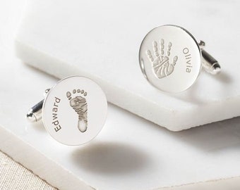 Silver Personalised Circle Cuff Links with Engraved Handprint Or Footprint and Name