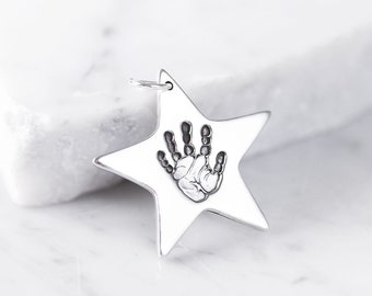 Personalised Solid Silver Hand Print, Foot Print or Paw Print Hanging Star Charm