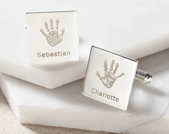 Personalised Silver Square Engraved Handprint Or Footprint Cufflinks with Name