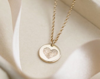 Personalised Engraved Round Fingerprint Heart Charm Necklace - Gold or Silver - One or Two Charms