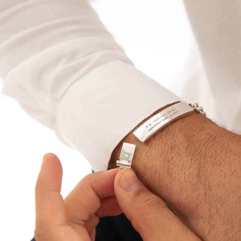 Mens Handwritten Silver Rolo Bar Bracelet