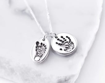 Sterling Silver Personalised Tiny Hand or Foot Print Stamp Charm Pendant Necklace