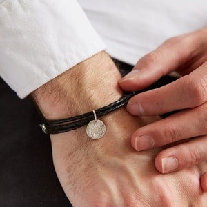 Personalised Men's Leather Wrap Bracelet with Silver Fingerprint Hanging Stamp Charm image 1