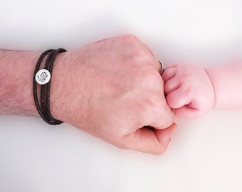 Personalised Men's Leather Wrap Bracelet with Silver Stamp Print Charm