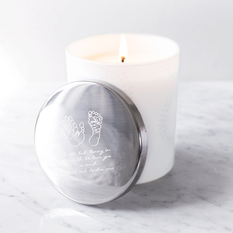 Personalised Scented Candle with Hand and Foot Print Engraved Lid / Luxury re-usable Jar image 1