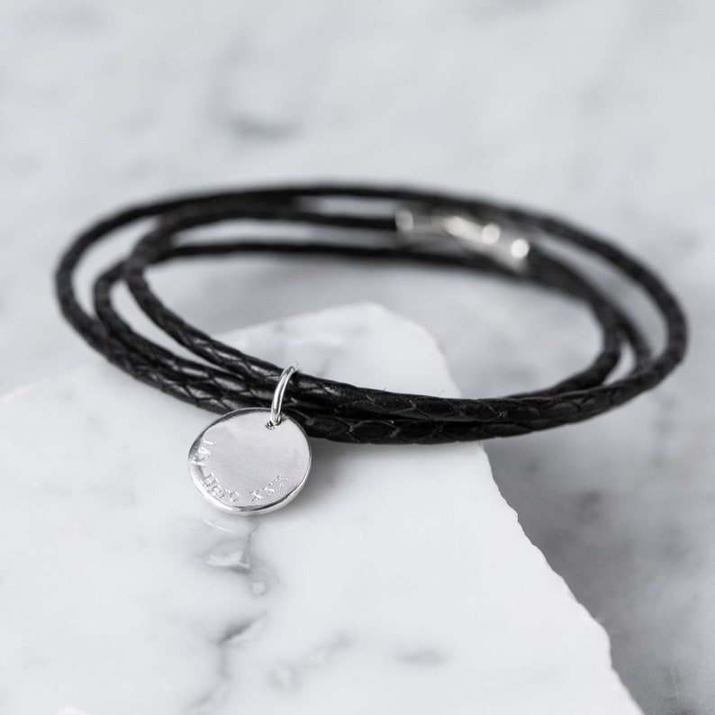 Personalised Men's Leather Wrap Bracelet with Silver Fingerprint Hanging Stamp Charm image 3