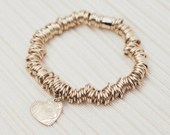 Silver or Gold Stretch Ring Heart Charm Bracelet with Engraved Fingerprint