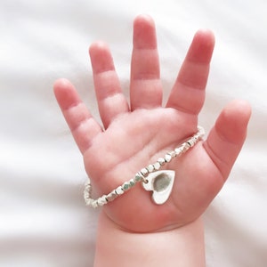 Personalised Sterling Silver Nugget Bead Bracelet with Tiny Fingerprint Heart Charm