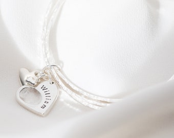 Silver Hammered Bangles with Personalised Fingerprint Heart Charm Cluster