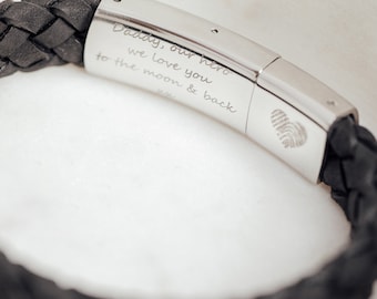Personalised Men's Leather Secret Message Bracelet Engraved with Fingerprint