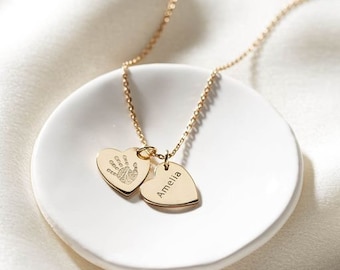 Personalised Silver or Gold Hand Print Heart Charm with Added Engraved Name Heart Charm