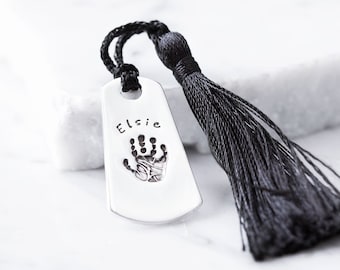 Personalised Silver Hand Print / Foot Print / Paw Print / Bookmark with Embossed Names and Tassel