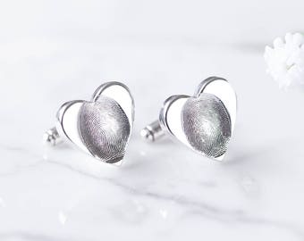 Gepersonaliseerde zilveren vingerafdruk hart manchetknopen, bruiloft manchetknopen, kind of volwassene prints op gepersonaliseerde sieraden