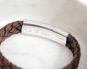 Personalised Men's Leather Secret Message Bracelet with Own Handwriting