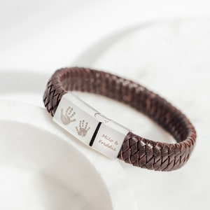 Personalised Men's Leather Bracelet with Engraved Footprint and/or handprint image 1