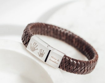 Personalised Men's Leather Bracelet with Engraved Footprint and/or handprint