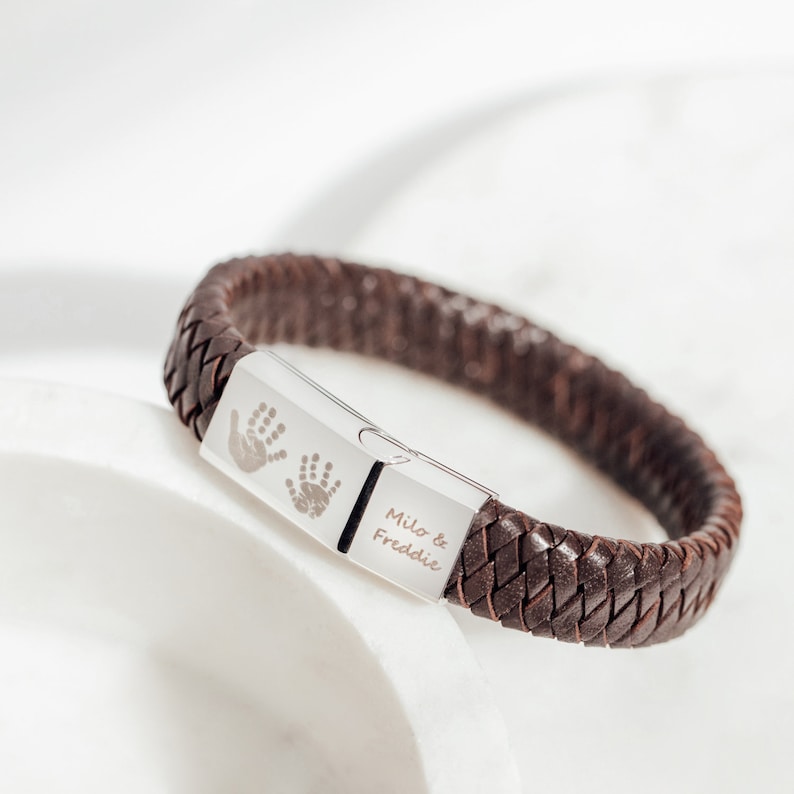 Personalised Men's Leather Bracelet with Engraved Footprint and/or handprint image 1