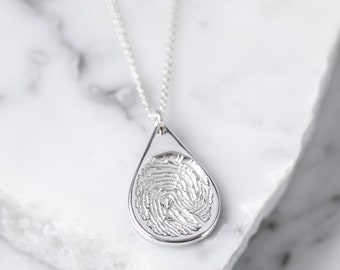 Personalised Sterling Silver Teardrop Pendant Necklace with Stamped Fingerprint