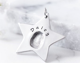 Personalised Silver Fingerprint Star Charm / Christmas Tree Decoration / Memorial Keepsake