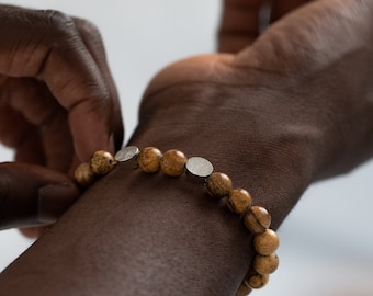 Men's Personalised Semi-Precious Bead Bracelet with Engraved Silver Fingerprint