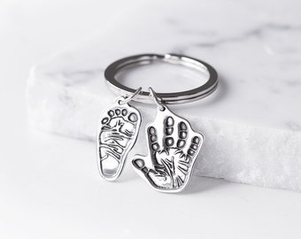 Personalised Silver Sculpted Hand Print, Foot Print or Paw Print Charm on Split Ring Keyring